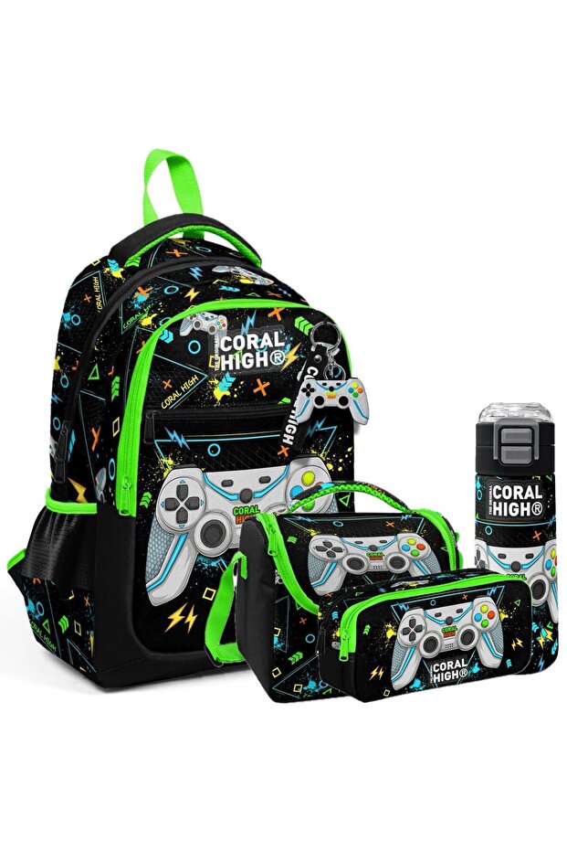 Kids Patterned 4-Piece School Bag Set (School Bag, Nutrition, Pen Holder, Water Bottle)
