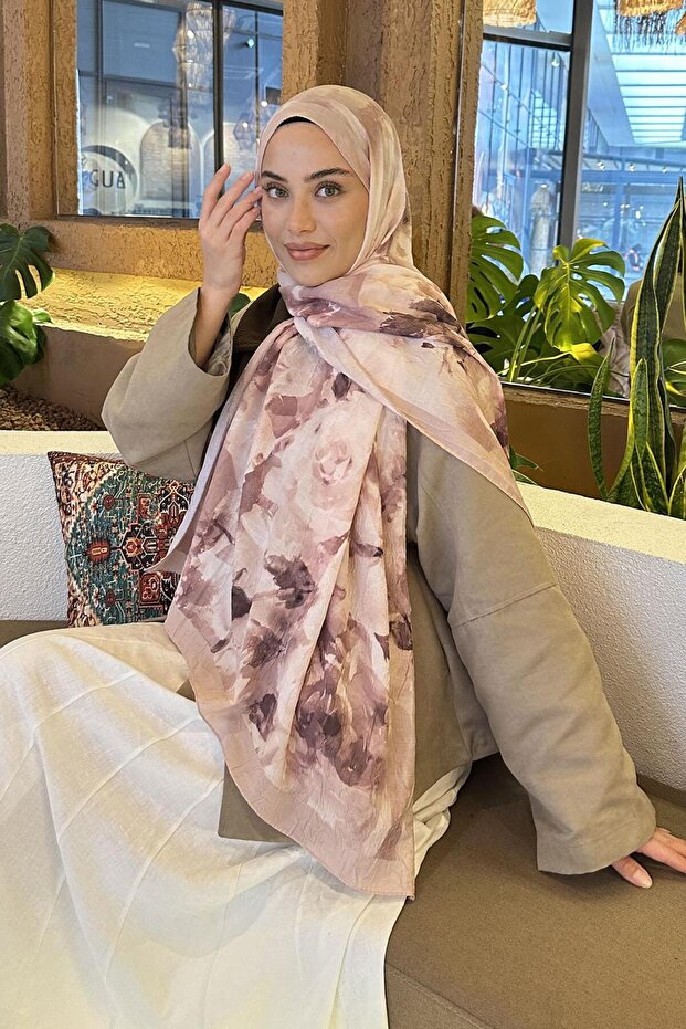 Gül Desen Bambu Şal Bej - 3