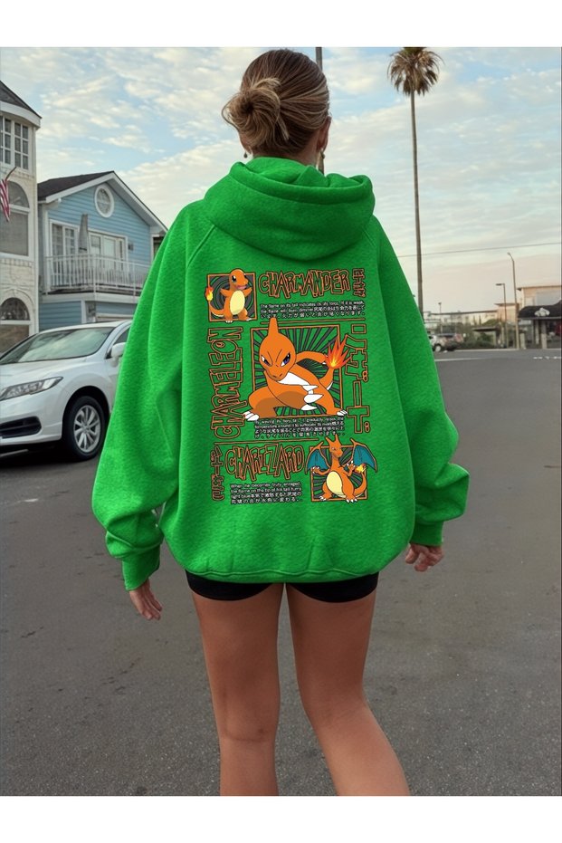 Unisex Charmander Colorful Custom Printed Cotton Oversize Hooded Sweatshirt