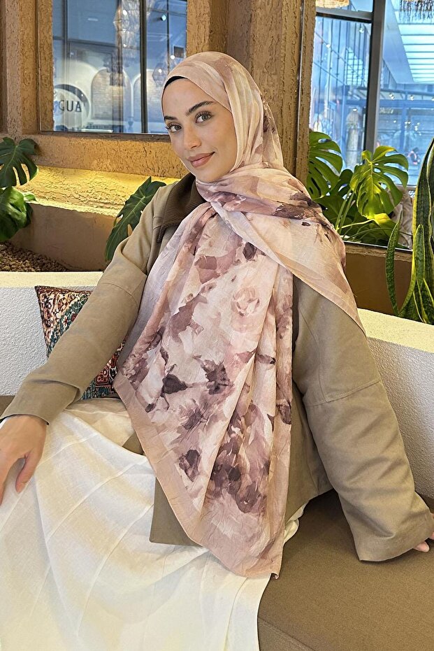 Gül Desen Bambu Şal Bej - 1