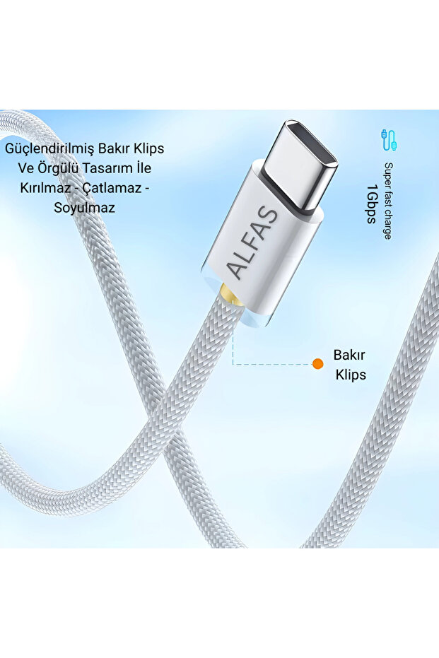 Type-C Şarj Kablosu 2m PD 60W 3A 1Gbps Hızlı Şarj & Data Transfer Usb-c Iphone Android Örgülü Kablo - 4