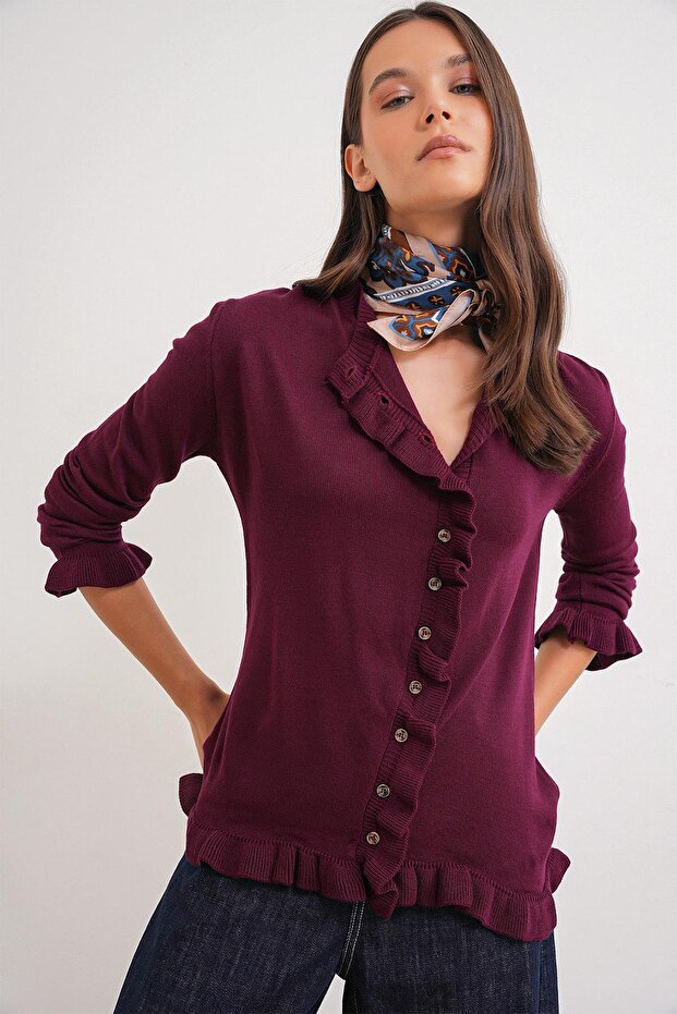 6964 Women's Plain Ruffled Buttoned Cardigan Burgundy