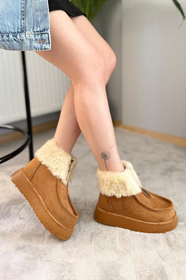 Kadın İmpera Taba Süet Kürklü Fermuarlı 4 cm Kalın Tabanlı Kısa Bot - 5