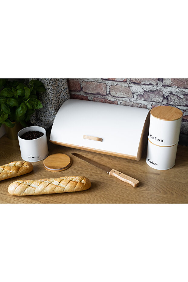 Bread box with a set of containers and a knife 2702 - 4