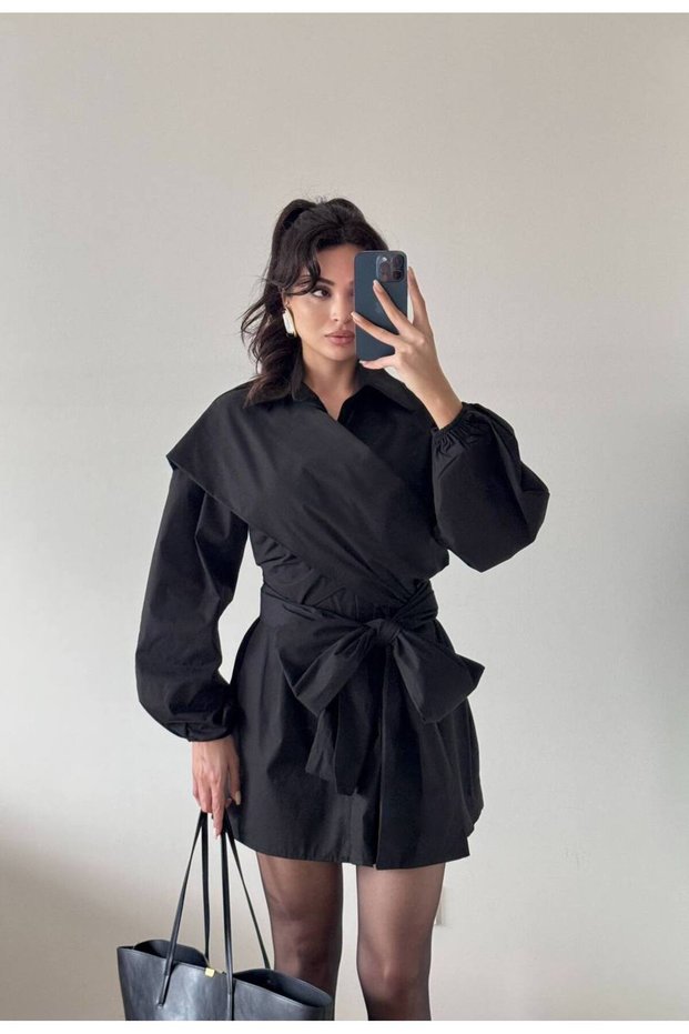 Women's Black Shoulder Cross Bow Tie Long Sleeve Mini Dress