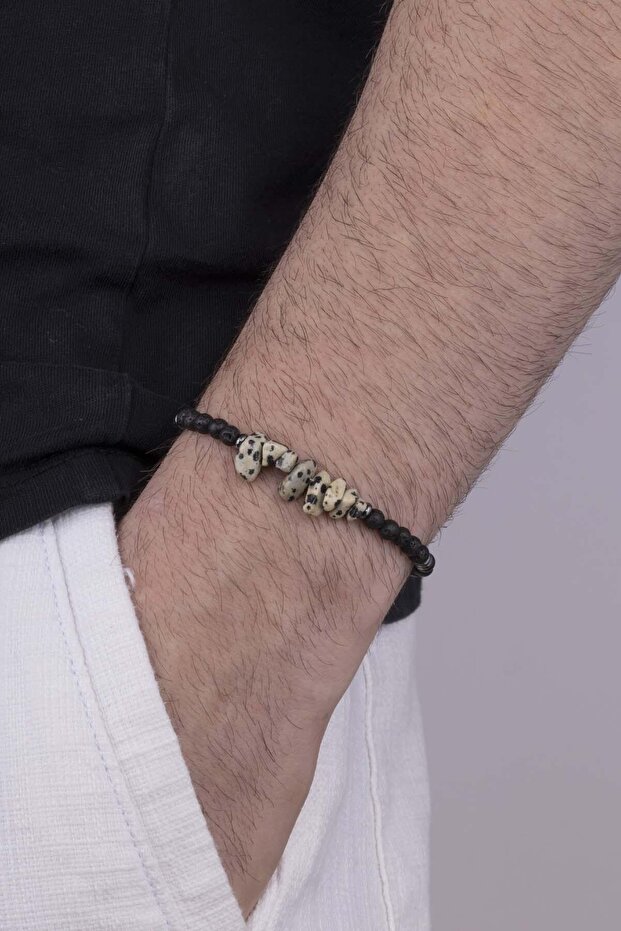 Black Lava Stone Hematite Transitional Natural Stone Men's Bracelet