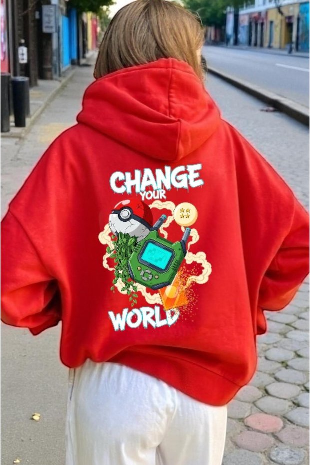 Unisex Change Your World Colorful Custom Printed Cotton Oversize Hooded Sweatshirt