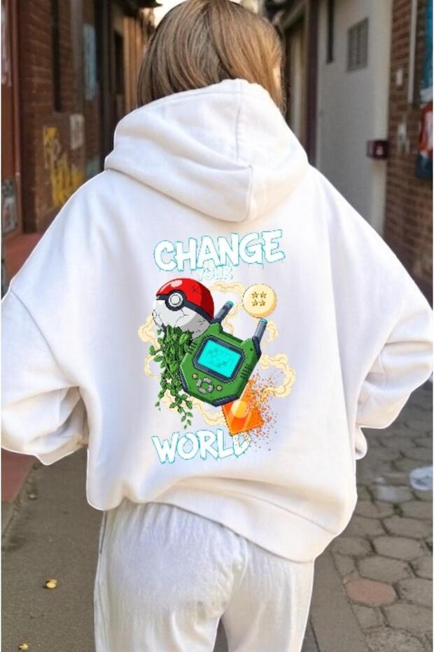 Unisex Change Your World Colorful Custom Printed Cotton Oversize Hooded Sweatshirt