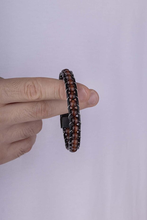 Walnut Wood Leather Toggle Men's Bracelet