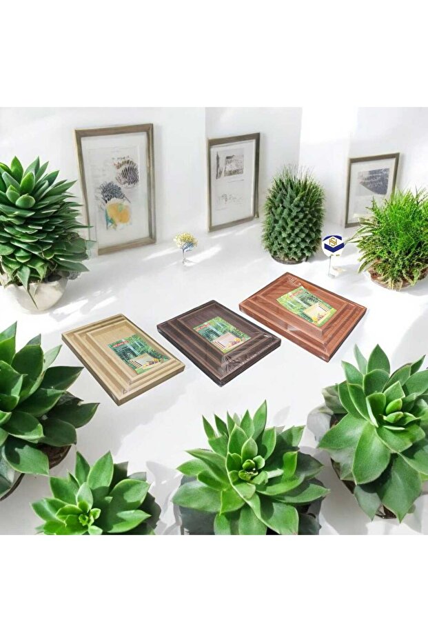 Beige rectangular wooden serving tray set, 3 pieces - 1