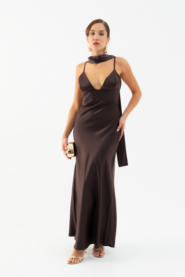Women's Brown Backless Long Satin Dress