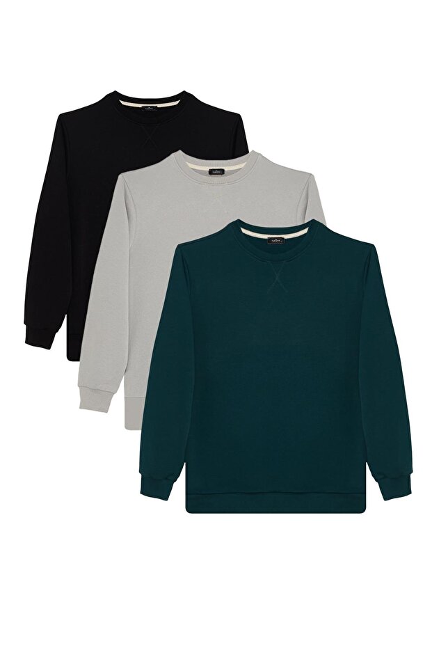 Unisex 3-Pack Black-Green-Stone Relax Fit 100% Cotton 3 Thread Crew Neck Sweatshirt