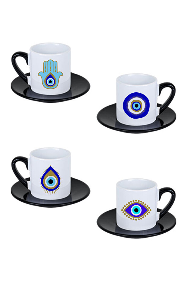 Blue Evil Eye Bead Patterned Printed Black 4-Piece Porcelain Turkish Coffee Cup Set