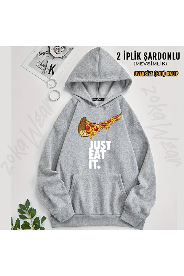 سترة بقلنسوة مطبوعة بتصميم Just Eat It pizza (خيطان)