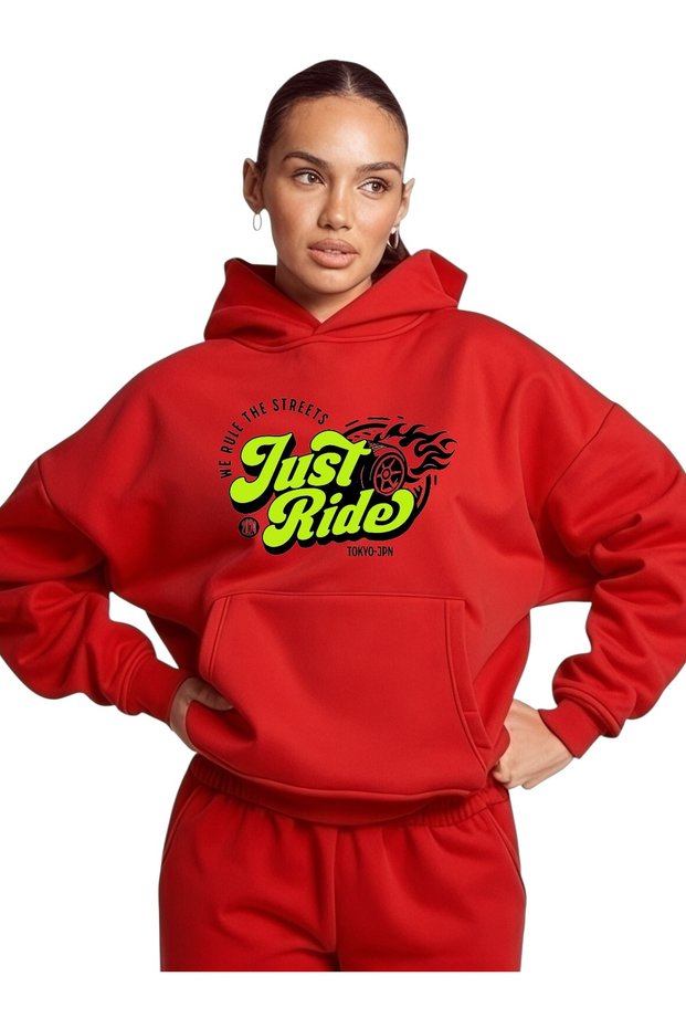 Unisex Just Ride Colorful Custom Printed Cotton Oversize Hooded Sweatshirt
