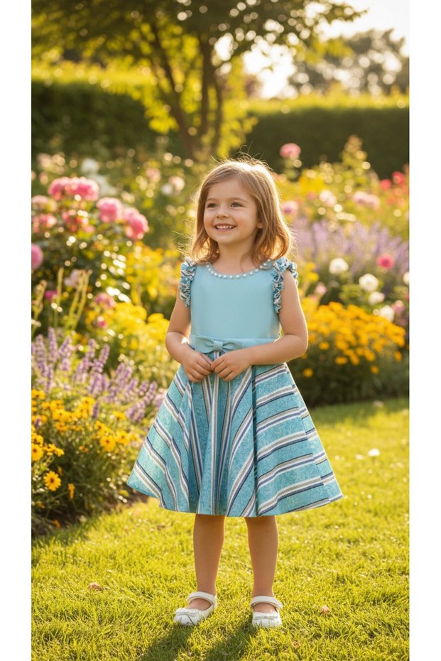 Striped Girl's Dress with Bow Detail | Pearl Collar and Fluffy Skirt Design