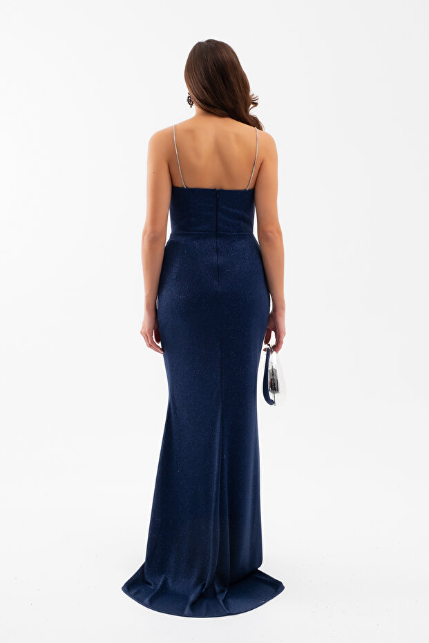 Kadın Lacivert Askılı Simli Örme Abiye Elbise - 7