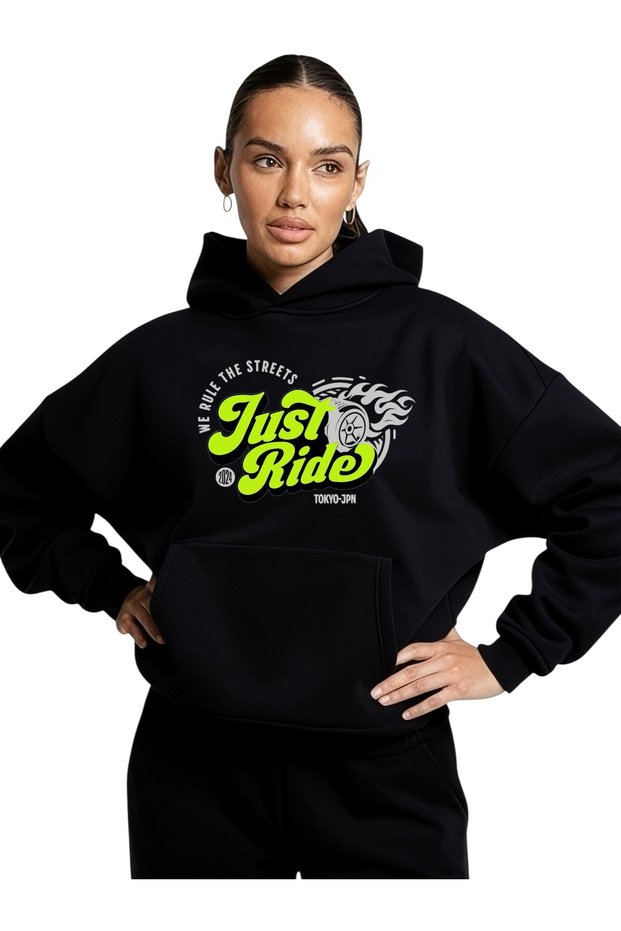 Unisex Just Ride Colorful Custom Printed Cotton Oversize Hooded Sweatshirt