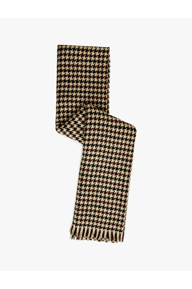 Houndstooth Patterned Tasseled Long Scarf