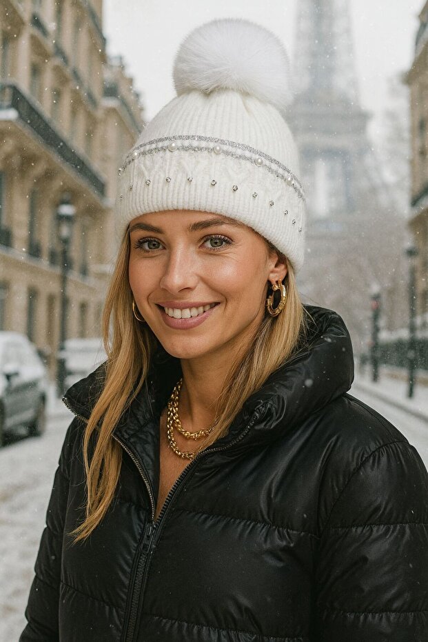 Ecru Stone Embroidered Women's Beret