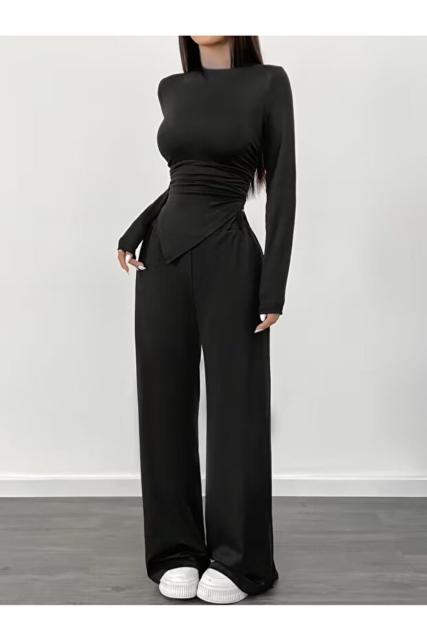 Asymmetrical Long Sleeve Blouse Pants Two Piece Set