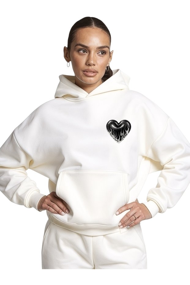 Unisex Heart Black Color Custom Printed Cotton Oversize Hooded Sweatshirt