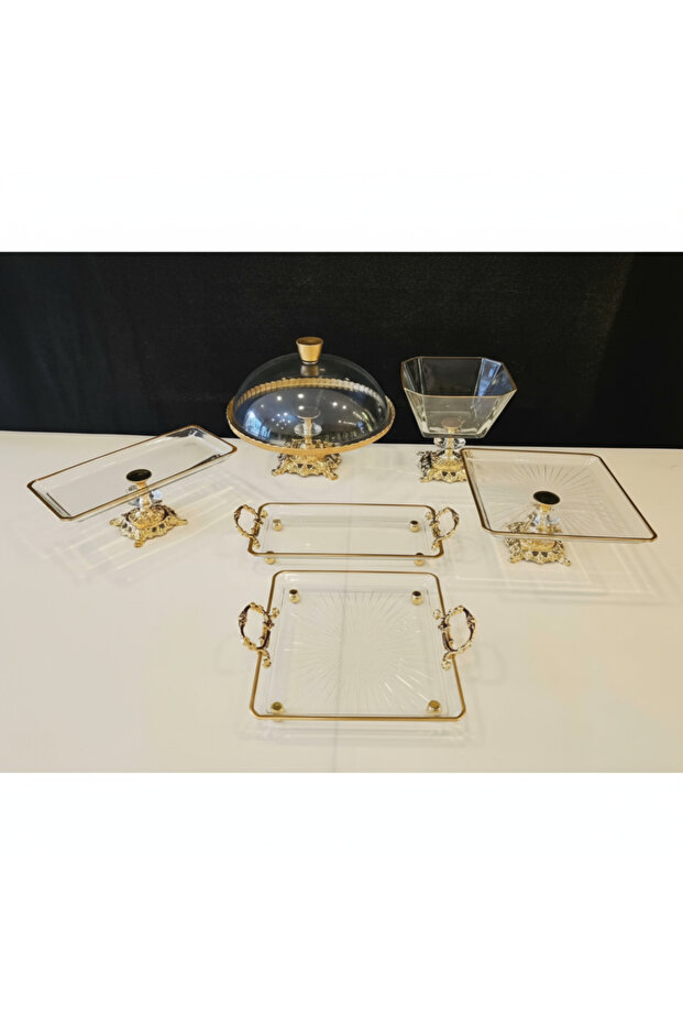 6 Piece Silver Cast Footed Glass Serving Set