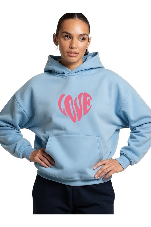 Unisex Love Heart Black Color Custom Printed Cotton Oversize Hooded Sweatshirt