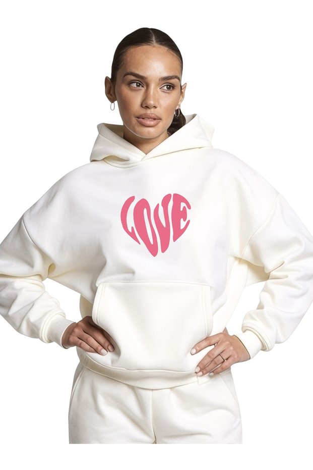 Unisex Love Heart Black Color Custom Printed Cotton Oversize Hooded Sweatshirt