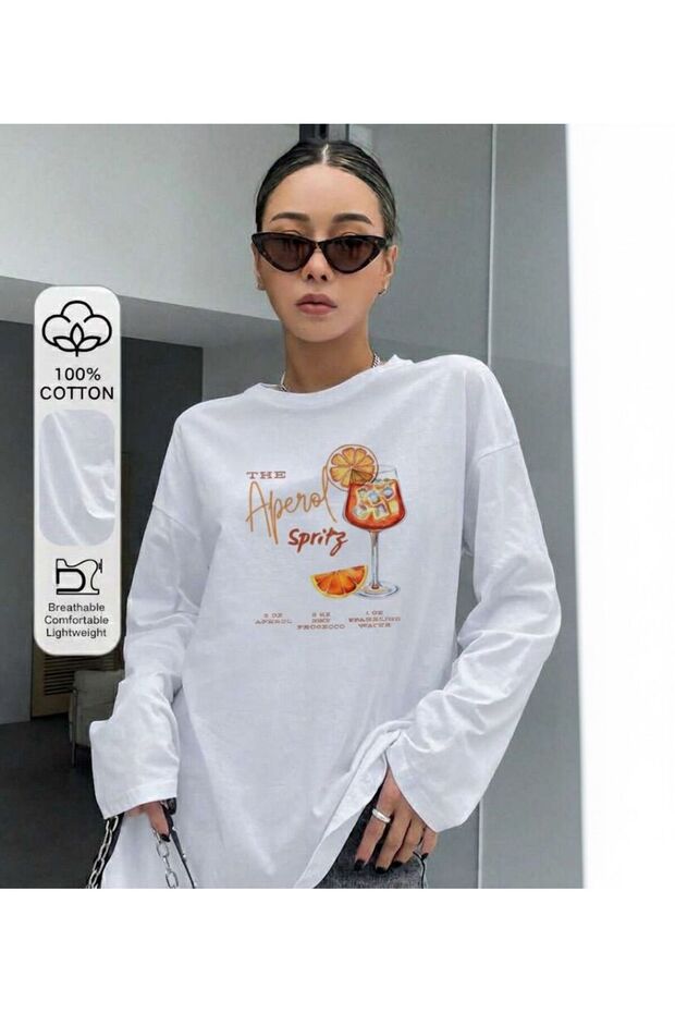 Women's Cocktail Spritz Printed Long Sleeve Slim T-Shirt
