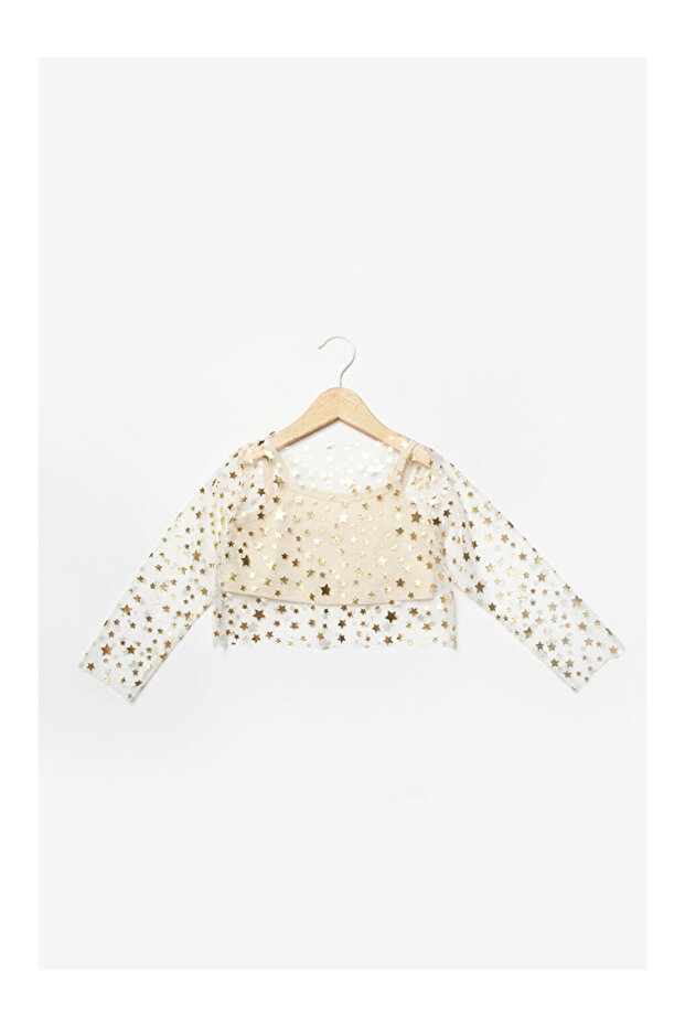 Ekru Uzun Kollu Yıldızlı Kız Çocuk Tül Crop - 1
