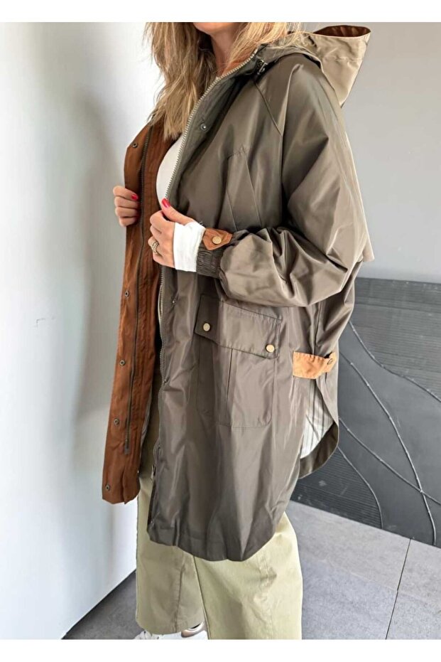 ROBİN Kadın Kapüşonlu Yanları Yırtmaçlı Reglan Kol Oversize TRENÇKOT - 3