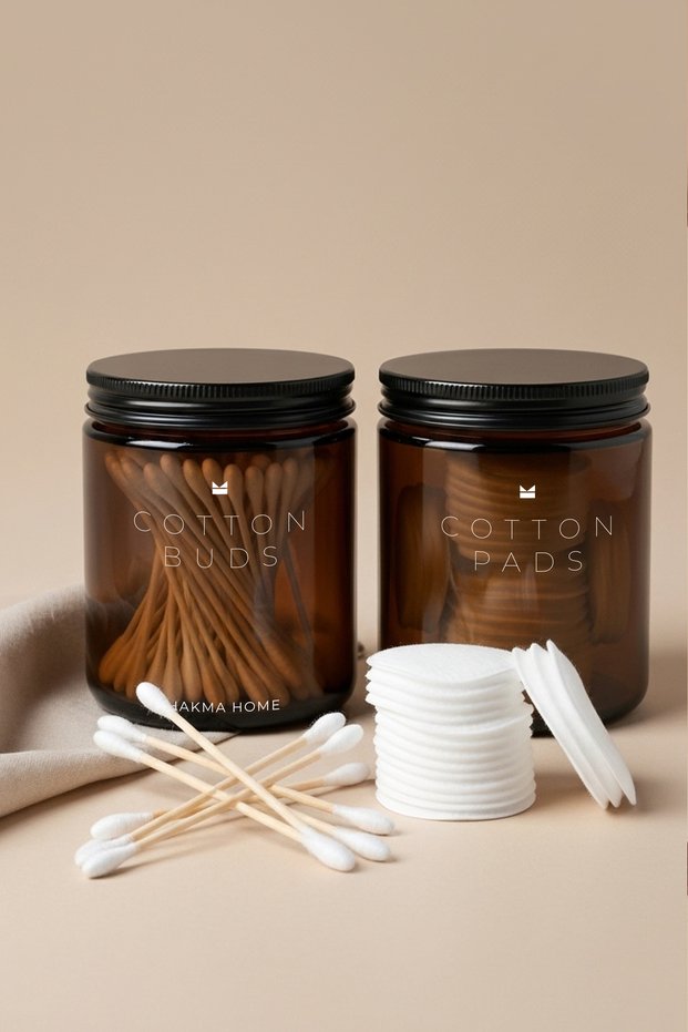 Amber Glass Bathroom Organizer Set – Cotton Buds & Cotton Pads Written – Set of 2 / 250 ml