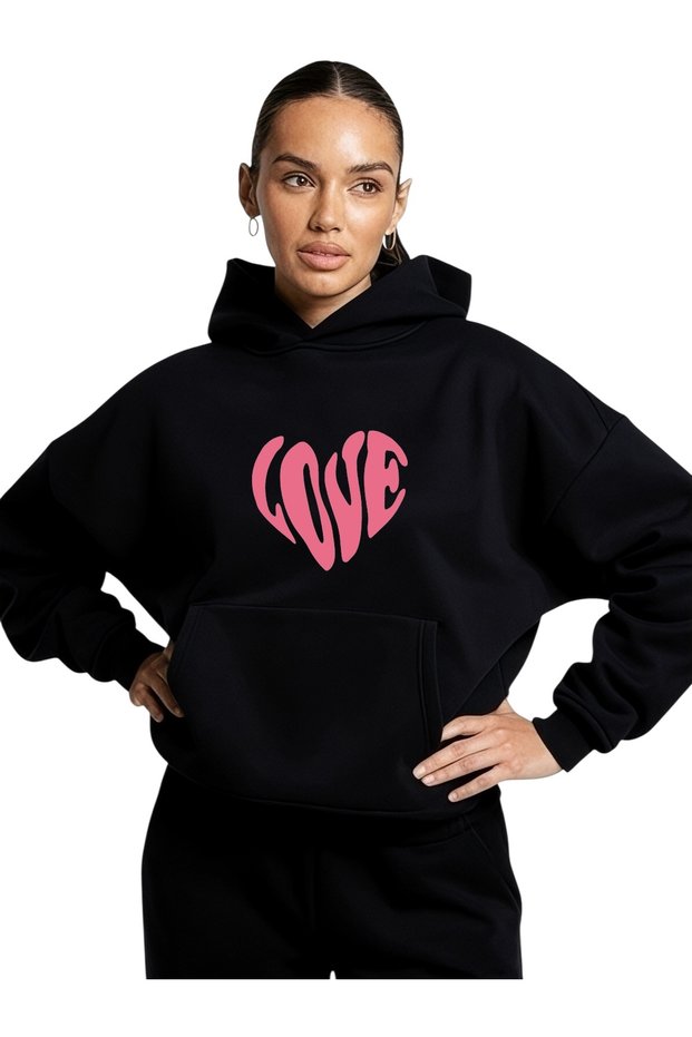 Unisex Love Heart Black Color Custom Printed Cotton Oversize Hooded Sweatshirt