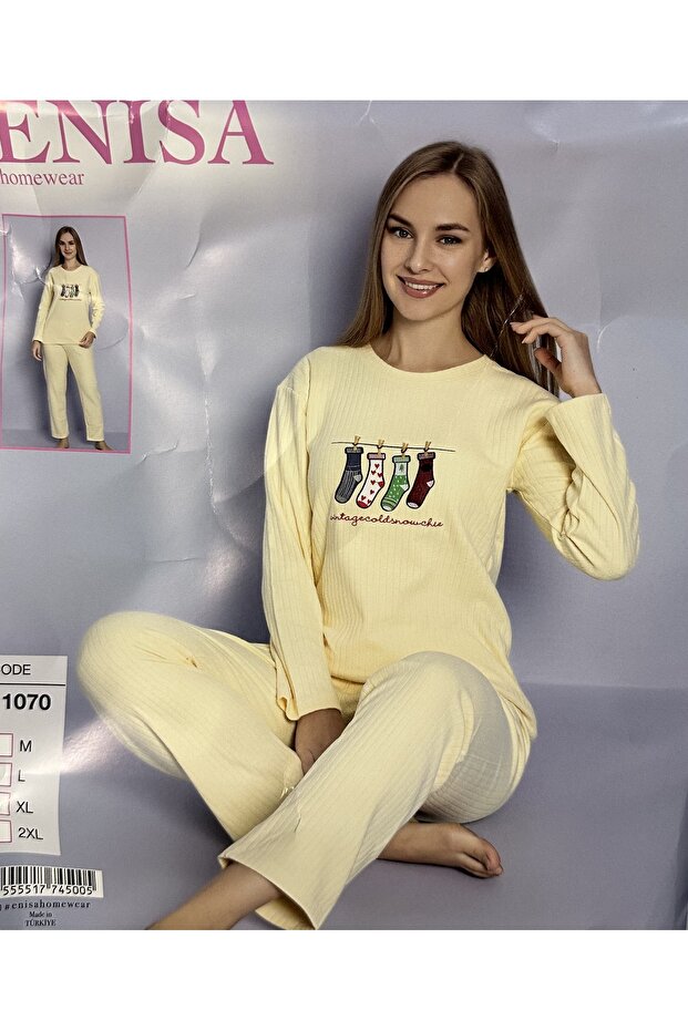 çorap desenli fitilli pamuklu pijama takımı - 1