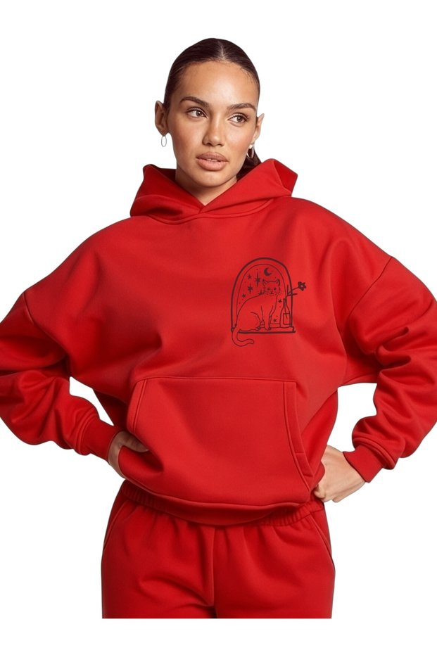 Unisex Cat Colorful Custom Printed Cotton Oversize Hooded Sweatshirt