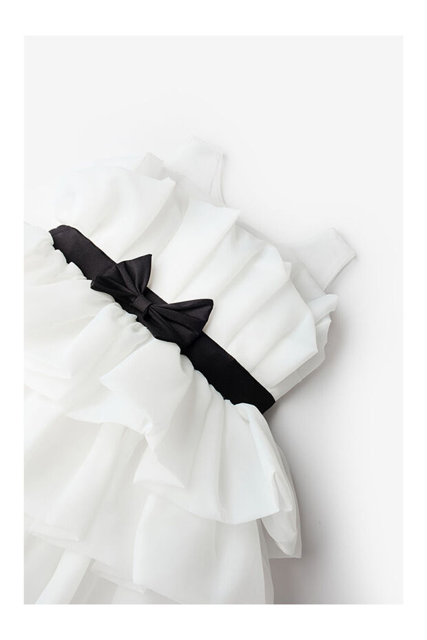 Ekru Önü Fiyonklu Katlı Kız Çocuk Elbise - Laney - 2