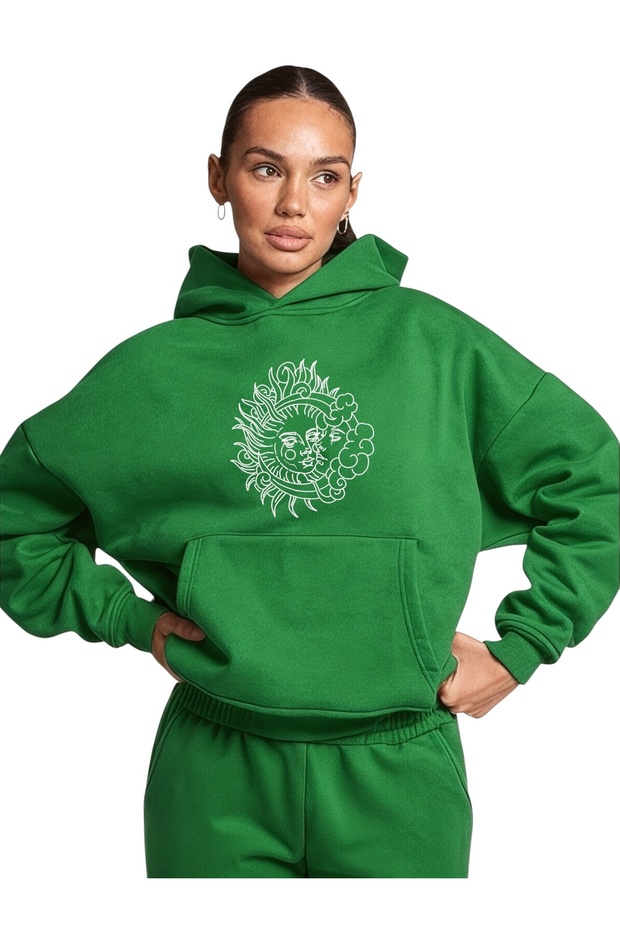 Unisex Linear Sun Moon Colorful Custom Printed Cotton Oversize Hooded Sweatshirt