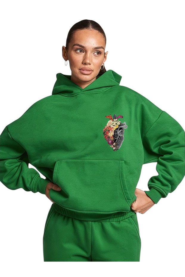 Unisex Heart Flower Colorful Custom Printed Cotton Oversize Hooded Sweatshirt
