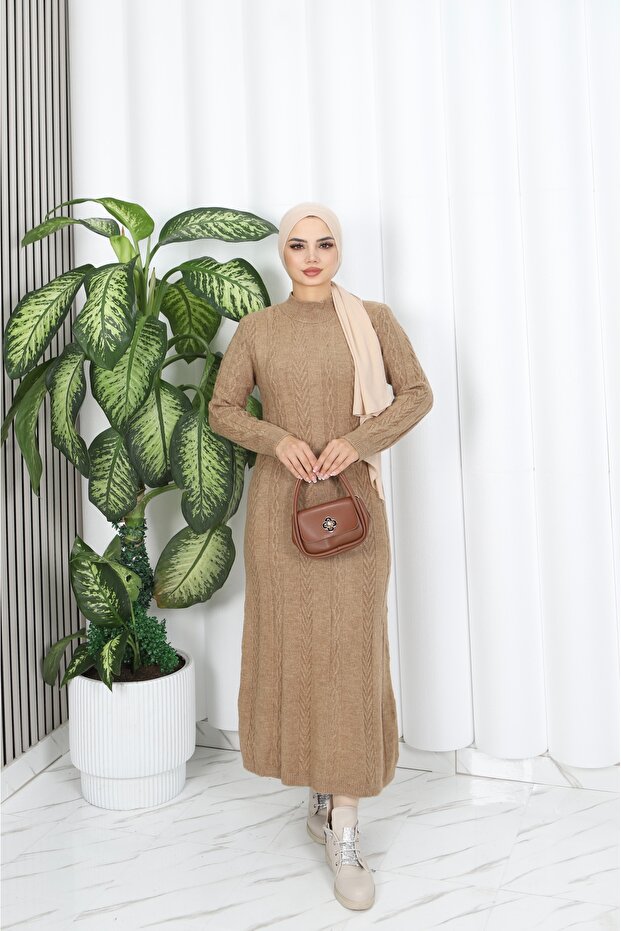 Saç Örgü Şeritli Triko Elbise - 1