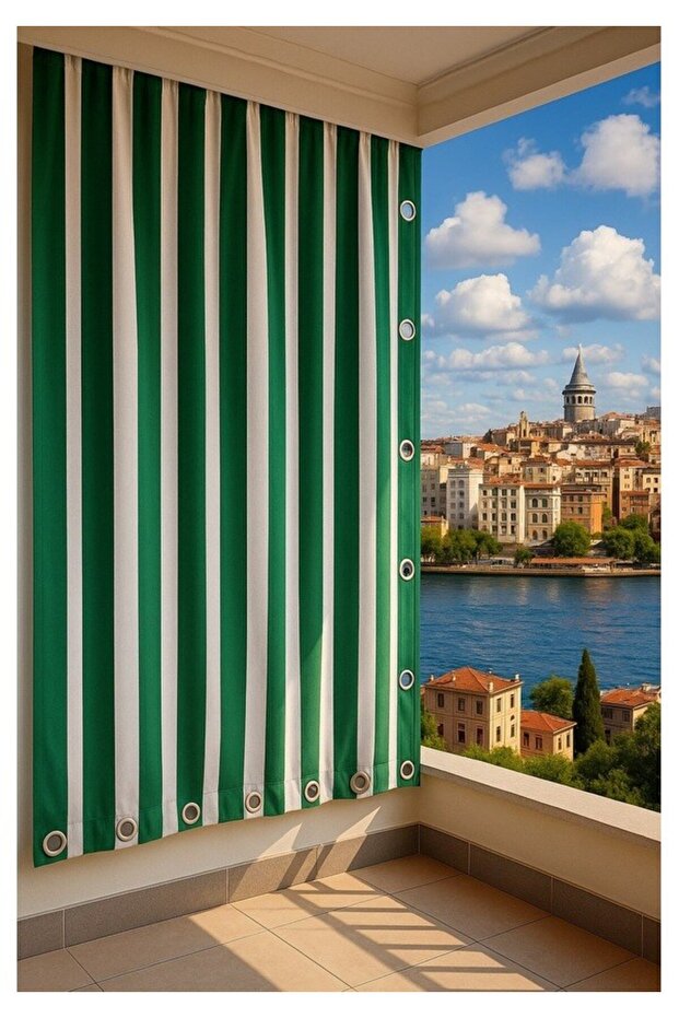 Balcony Curtain Tarpaulin Green Striped with Bird's Eye Option