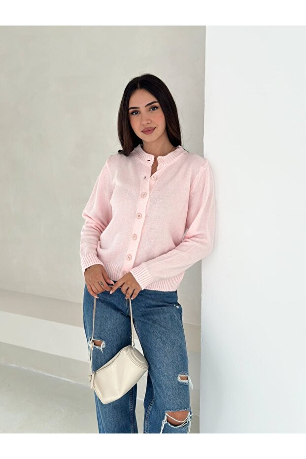 Pembe ZR Model Düğmeli Triko Hırka - 1