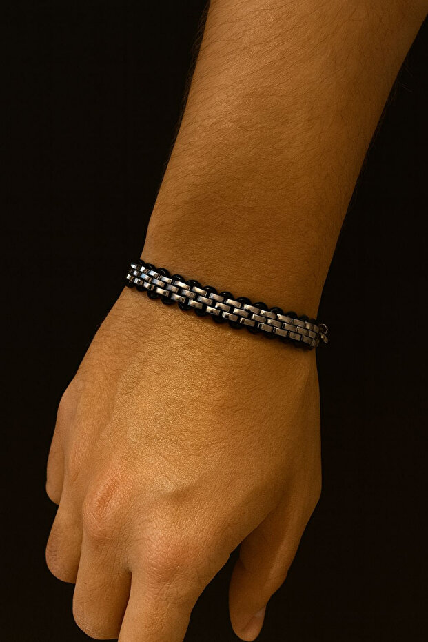 Men's Steel Chain Silver Black Braided Bracelet – 20 cm