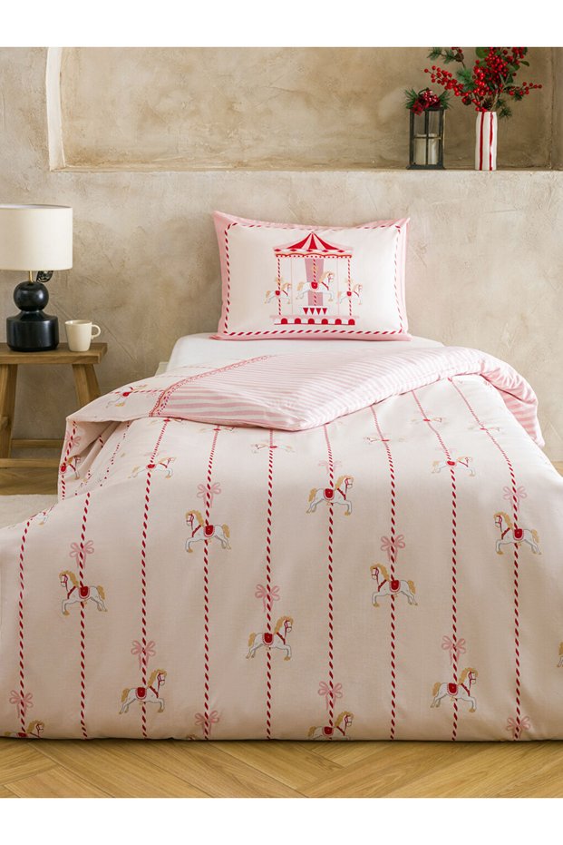 Red Carousel Printed 100% Cotton Single Duvet Cover Set