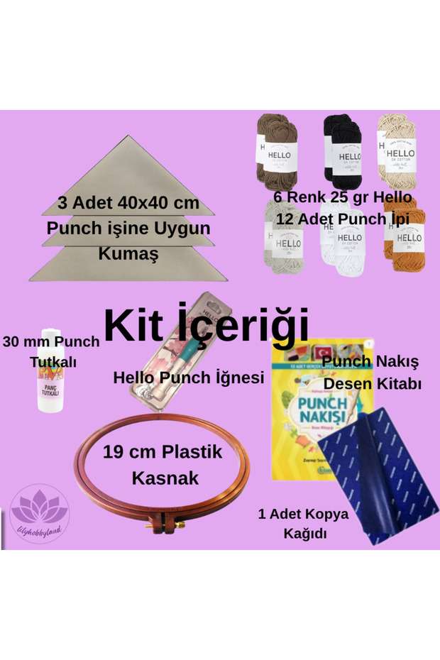 LİLYHOBBYLAND Punch Nakış Başlangıç Seti 6 Renk 12 Adet İplikli Kumaşlı Kasnaklı İğneli Tam Set