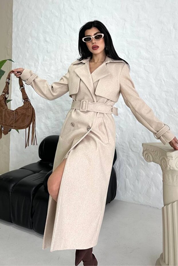 Women's Coat Long Cashmere Belted Buttoned Pocketed Double Breasted Premium Coat