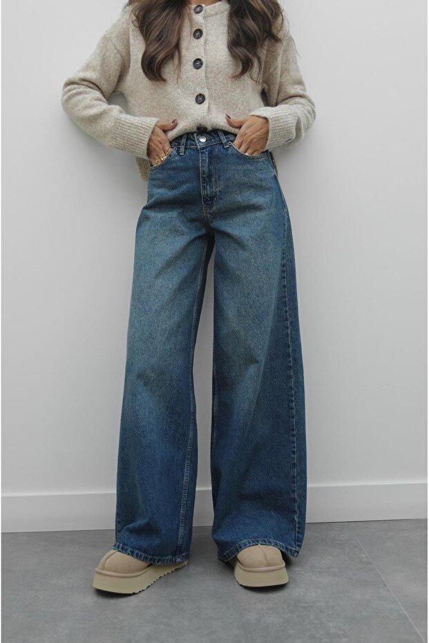 Sötétkék Mona széles szárú farmernadrág - 1