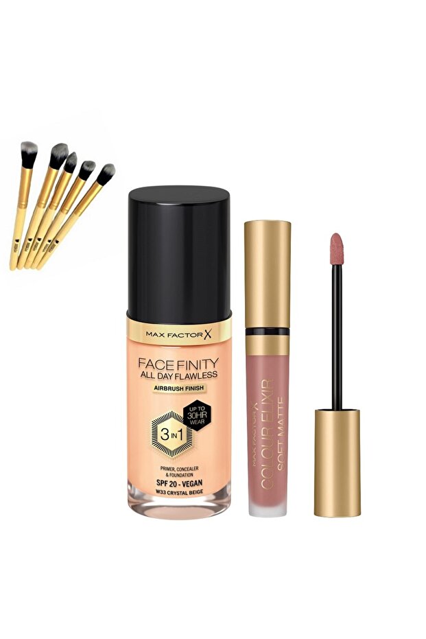 Mat Ruj - Elixir Matte 010 Russet +Facefinity 3'ü 1 Arada Kalıcı Fondöten Set+Bambu Fırça Hediye - 1