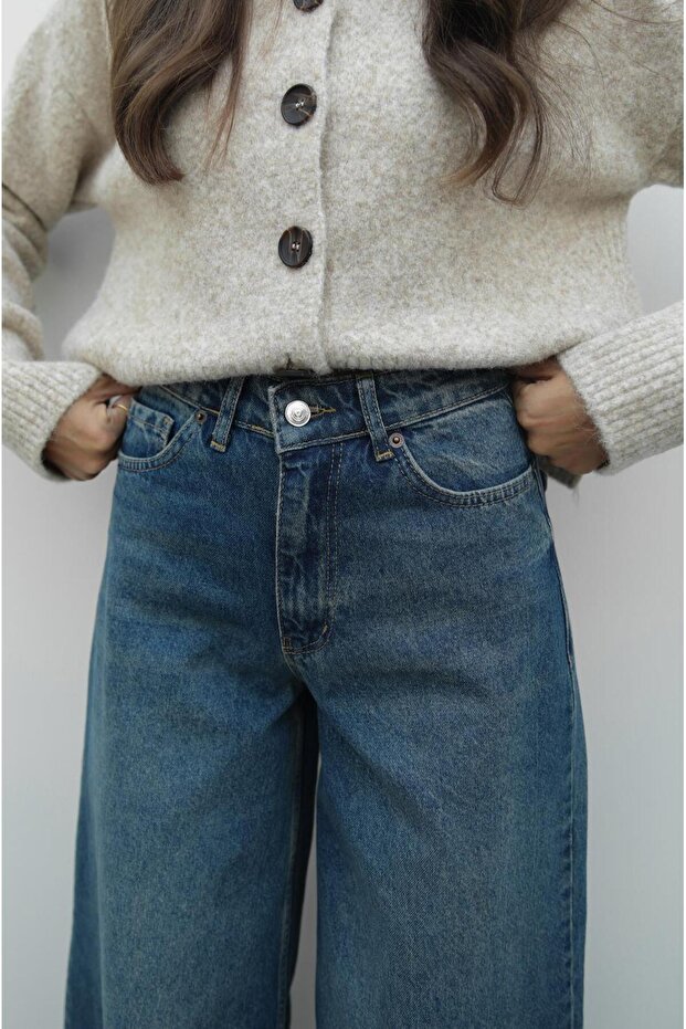 Sötétkék Mona széles szárú farmernadrág - 4