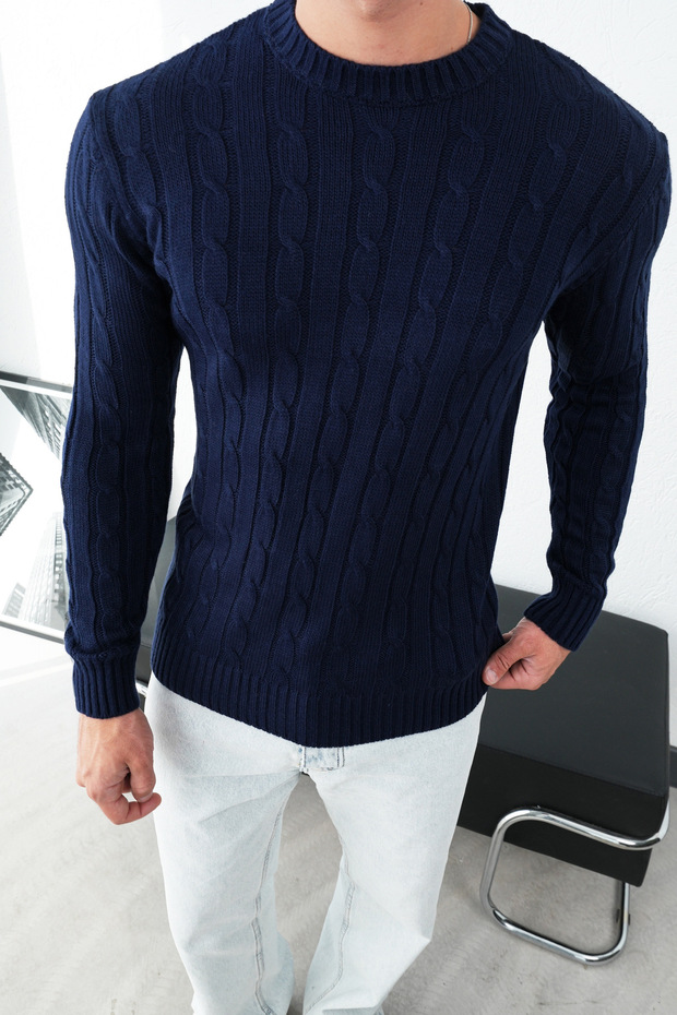 Hair Braided Crew Neck Men's Knitwear Sweater Navy Blue